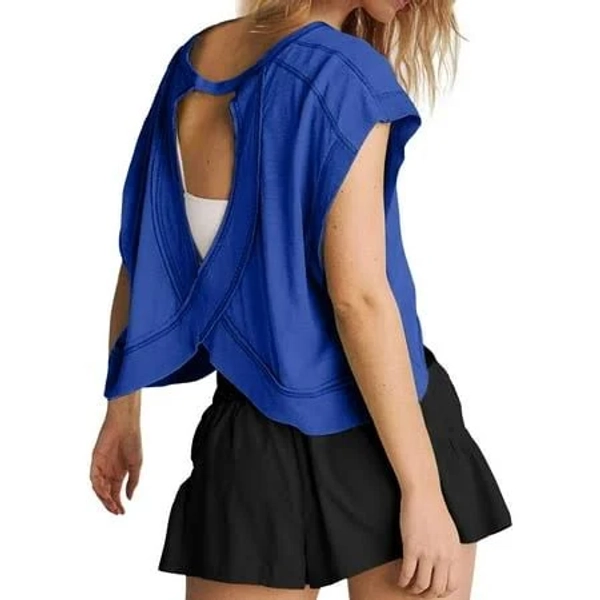 Tiweut T Shirts for Women Short Sleeve Off Shoulder Workout Open Back Yoga Athletic Gym Crop Running Shirts for Ladies Blue, Women's, Size: XL