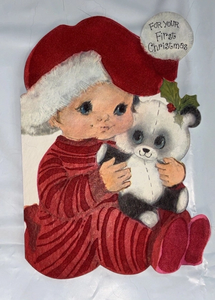 Vintage 80s  Baby’s First Christmas Boy With Teddy Bear Felt Texture
