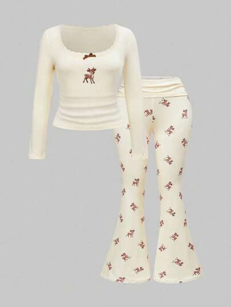 ROMWE Kawaii Plus Size Cute Deer Embroidery Lace Blouse & Deer Print Flare Pants 2 Pieces Set, Autumn/Winter