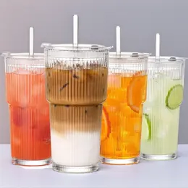 18oz (540ml) Ribbed Glass Tumblers 4-Pack with Lids & Straws | Thickened Leak-proof Cups for Iced Coffee, Iced Drinks, Travel & Daily Use