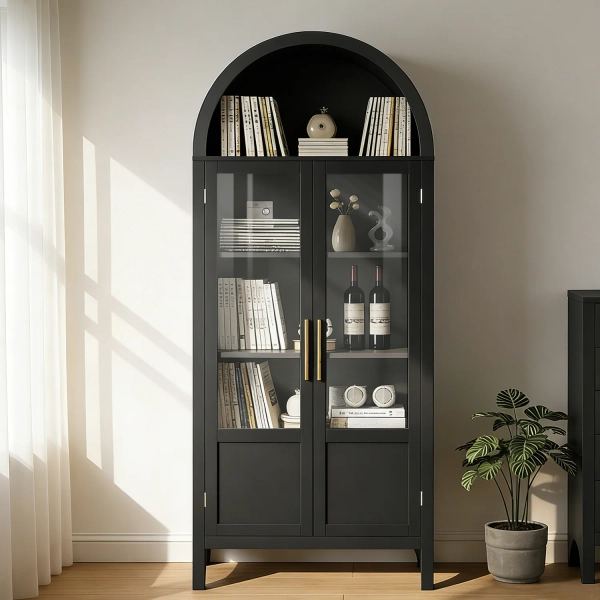 71" Tall Arched Wooden Display Cabinet with Doors