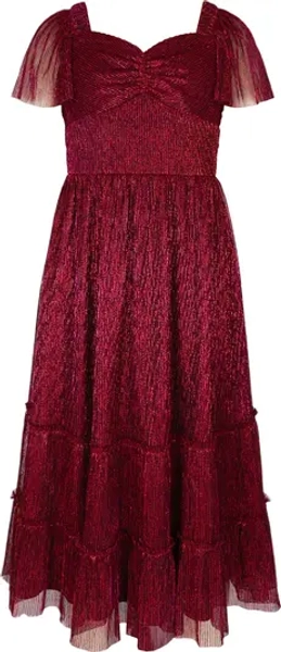 Kids' Metallic Tiered Plissé Maxi Party Dress