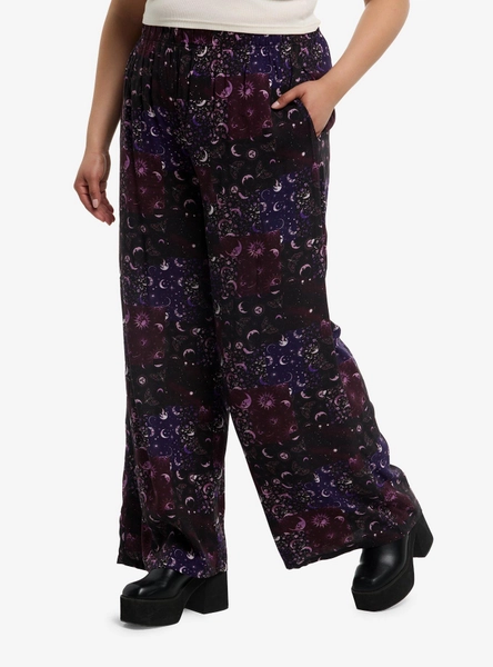 Cosmic Aura Purple Celestial Patchwork Wide Leg Pants Plus Size