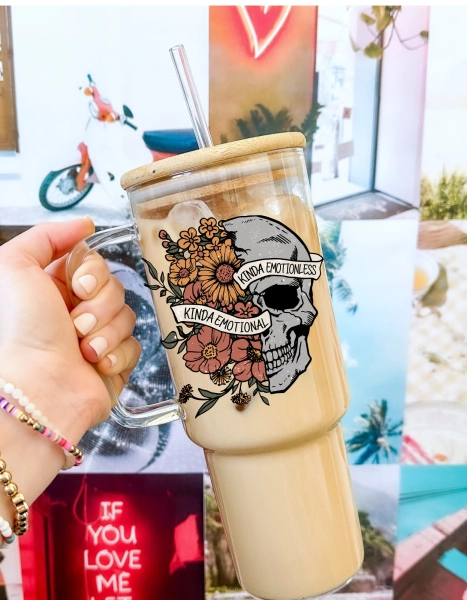 40oz Glass Tumbler, 40oz Glass with handle, Kinda Emotional Kinda Emotionless Glass , Coffee Glass, Viral Coffee Glass