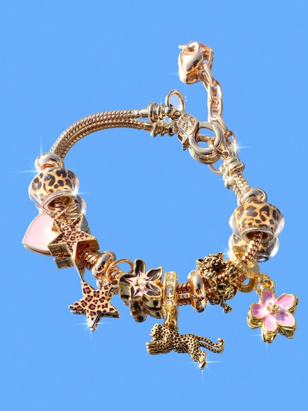 1pc Leopard Print Leopard & Cherry Blossom Charm Bracelet, Leopard Print Star Bracelet, Leopard Print Heart Cherry Blossom DIY Bracelet, Leopard Print Leopard Bracelet, Fashionable Cherry Blossom Golden Bracelet