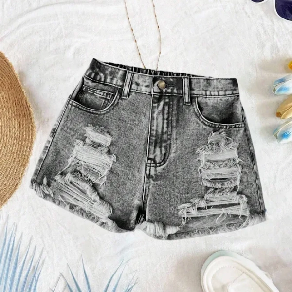 SHEIN Girls Y2k Ripped Raw Hem Loose Fit Denim Shorts