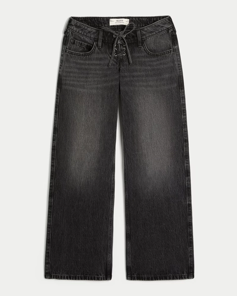 Ultra Low-Rise Washed Black Lace-Up Baggy Jeans