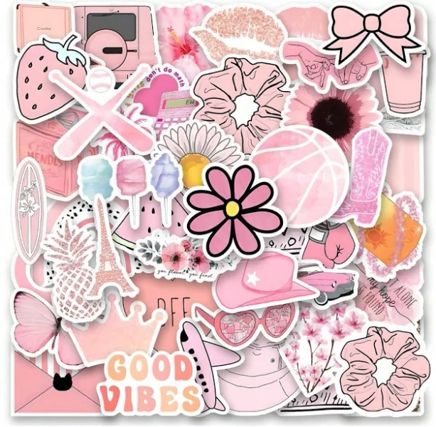 50Pcs Pink Preppy Kids Stickers High Quality Vinyl Decorative Scrapbook Journal Laptop Bumper Skateboard Water Bottle Computer Car Cartoon,one-size