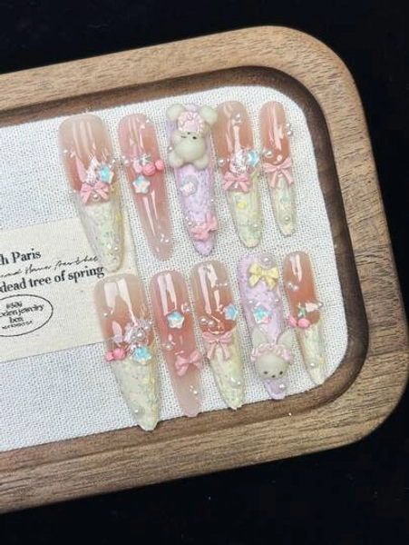 10pcs Handmade Nails Oval Nails Press On Nails Long, Elegant Pink Purple Yellow Nails, Yellow French Tip Nails, Handcrafted 3D Cherry Bow, Star 3D Bows Bear Inlaid, Edgy Elegant Luxury Handcrafted Autumn Nails, Modern Aesthetic Fall Nails, Party Daily & Dating Use Beach Tropical Getaway Suitable,DIY False Nail Art Suitable For Women & Girls As Gift Nail Supplies