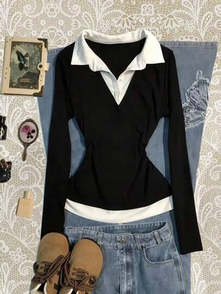 INAWLY Women's Contrast Color Shirt Collar Long Sleeve Casual 2 In 1 Top - Size S