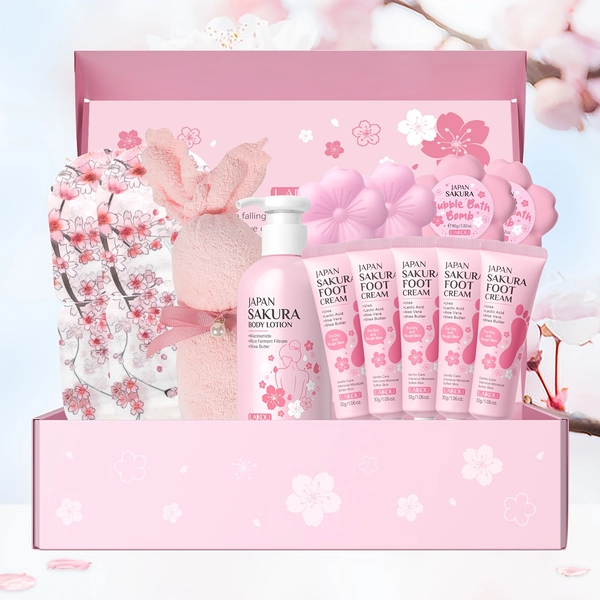 LAIKOU Sakura Body Care Gift Set for Her, Featuring Vitamin C And Shea Butter, Includes 7.05Oz Body Lotion, 2.47Oz Handmade Soap, 2.82Oz Bubble Bath Bomb, 1.06Oz Foot Cream, a Steam Eye Mask, a Cute Portable Towel