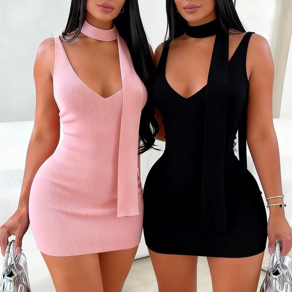 Pink Detachable Scarf Mini Dress Women's Sleeveless Sundress V-Neck Side Slit Stretchy Ribbed Knit Bodycon Casual Party Dress - AliExpress 200000345