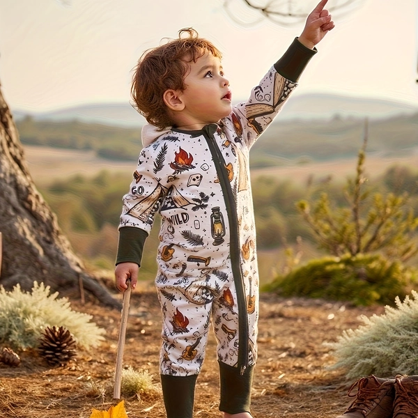 Synthetic Fiber Fabric - Campfire Queue Music Guitar Flashlight Print - Baby Boy Long Sleeve Long Pants Double Zipper Romper with Foldable Foot Covers, Perfect for Outdoor