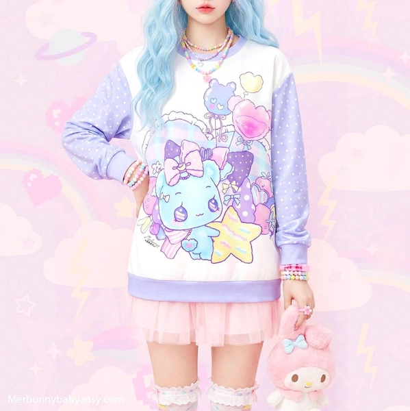 Blue Star Bear - Unisex Sweatshirt - Cute Bear, Fairy Kei, Yume Kawaii, Pastel Purple Polka Dots, Harajuku Style, Heart Candy Jfashion - SS8 - Etsy