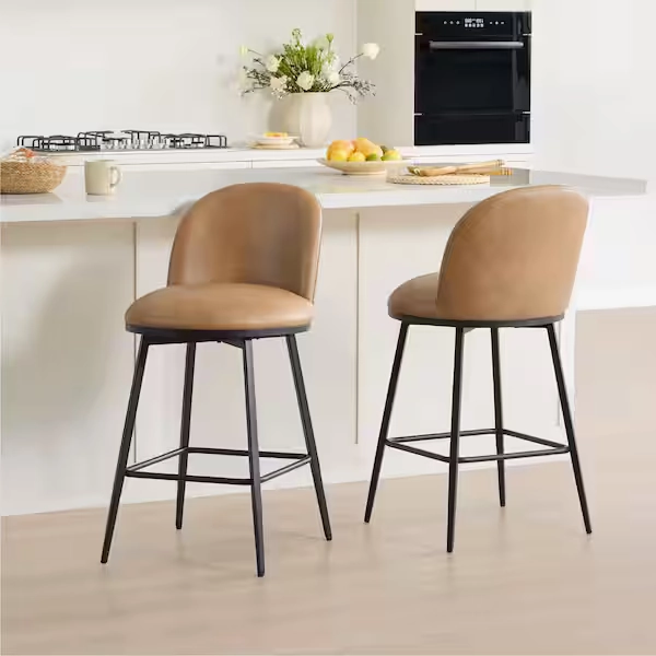 Spruce & Spring Nico Brown Faux Leather 360° swivel Counter Height Bar Stool with Metal Frame and footrest for diningroom (Set of 2) 2-SSBS7Y035-DT6694-500