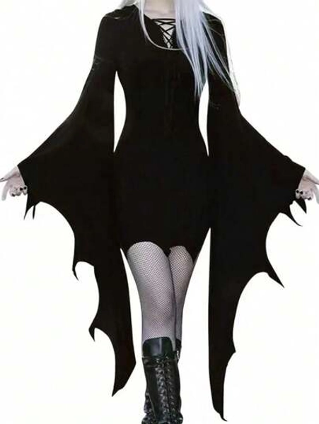 Vintage Gothic Solid Color Casual Fashion Long Sleeve V-Neck Tie-Up Flared Tight Fit Vampire Women Dress Costumes Women Punk Concert Batwing Sleeves Dark Aesthetic Gatherings