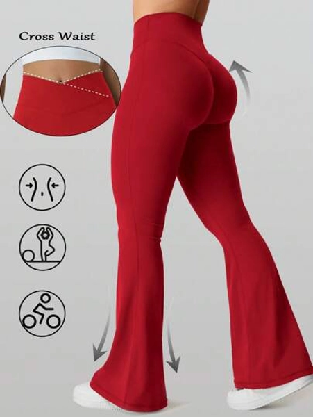 RUNONWHEELS 5 Women's Burgundy V-Shaped Butt Lifting Yoga Fitness Flare Leggings With Criss-Cross Waistband, High-Waist Exercise Workout Running Tight Wide Leg Pants