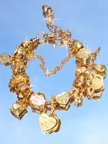 1pc Heart Charm Bracelet, Cat Heart Big Hole Beads DIY Bracelet, Letter Slogan Wing Heart Pendant Beaded Bracelet, Fashionable Heart Bracelet, Travel Commemorative Bracelet