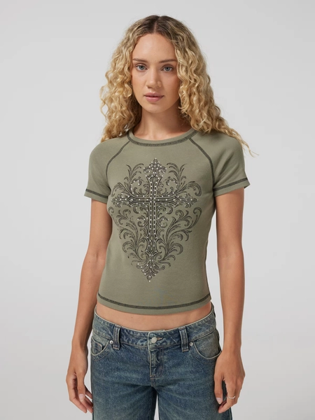 Gothic Cross Contrast Longline Baby Tee  Lady Fern - Jay Jays Online
