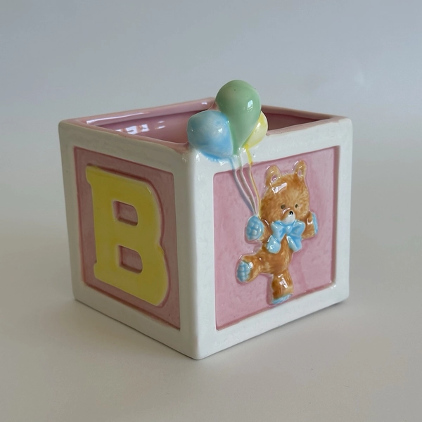 Napco Vintage Teddy Bear ABC block Planter Ceramic 1980s