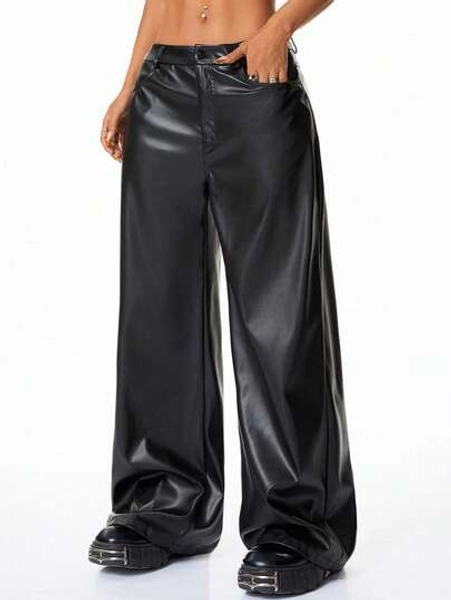 SHEIN Tween Girl Autumn Winter Fashion Casual Street Cool Niche Loose Straight Leg Elastic Leather Pants