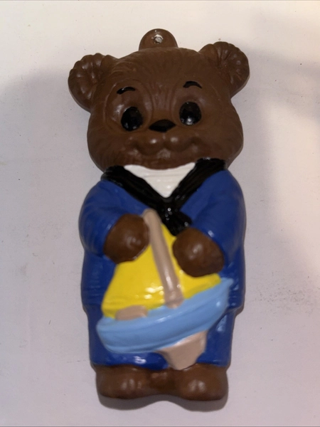Vintage HandPainted 1980s Teddy Bear Boy Boat Baby Ornament 3.5” Christmas Blue