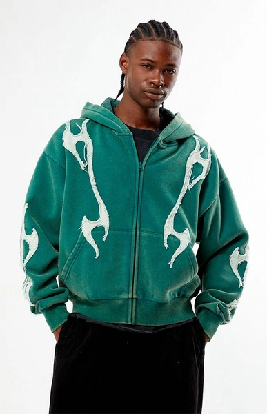 Abstract Raw Applique Cropped Full Zip Hoodie