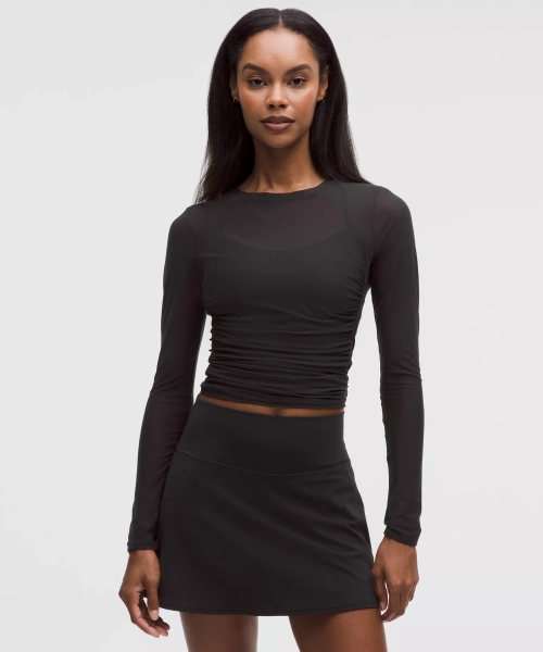 Mesh Ruched Long-Sleeve Shirt - Black - S