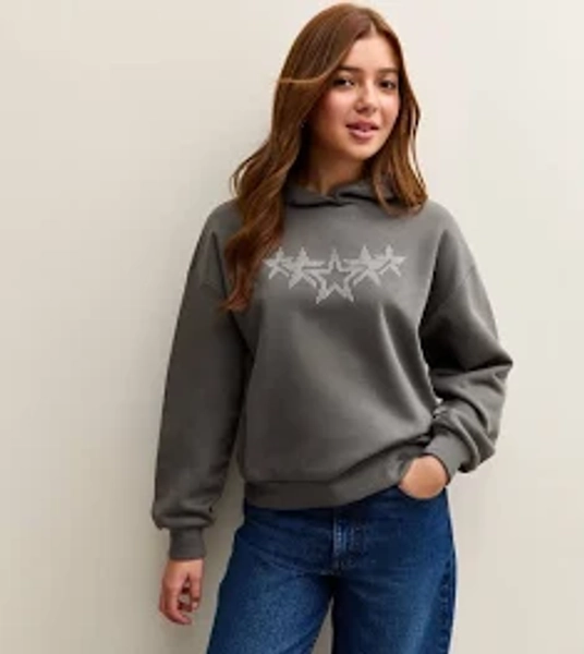 New Look Girls' Grey Diamante Star Studded Hoodie