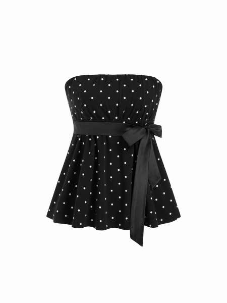 Cotton-blend Polka Dot Satin Bow Belt Bandeau Top 