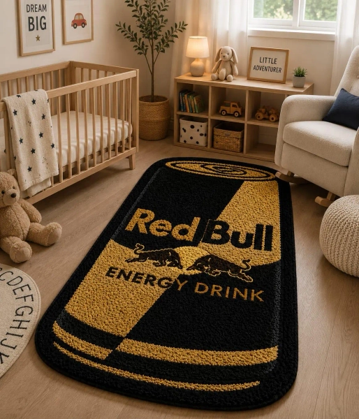 Hand-Tufted Red Bull Energy Drink Can Rug – Black Gold Gamer Room Decor