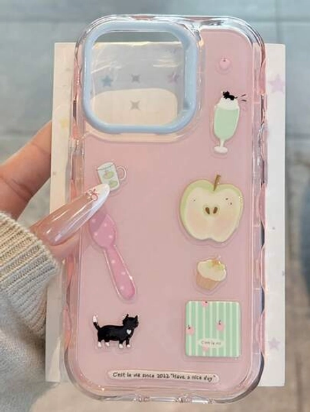 Kawaii Funny Apple Cat Illustration Wave Candy Pink DIY Phone Case Compatible With IPhone 17 Pro Max 17 Pro 17 Air 16 Pro Max 15 Pro 14 Plus 13 12 11 Creative Cute Jelly Cover