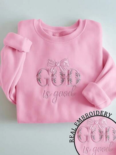 INAWLY Women's Letter & Bow Embroidery Crew Neck Long Sleeve Pullover Sweatshirt