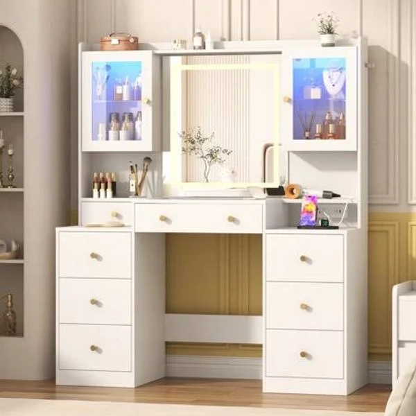 Chvans 47'' Large Makeup Vanity with Power Outlet 60000-color LED Lights Glass Top Vanity Desk with 3 Lights Mode LED Mirror