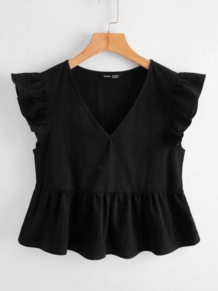Soleia WYWH  Women Vacation Peplum Butterfly Sleeve Ruffle Hem Black Top
