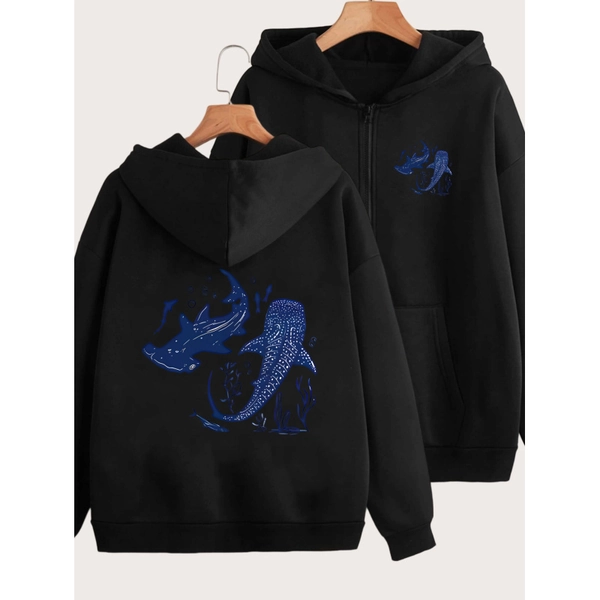 Y2K Casual Style Zippered Hoodie, Marine Life Whale Shark and Hammerhead Shark Print Design with Front and Back 2-Pattern Printing, Stylish and Comfortable Zippered Jacket, Casual Sportswear Suitable for All Seasons, Fashionable Casual Jacket