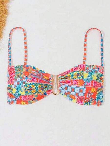 SHEIN Swim Summer Beach Floral Print Spaghetti Strap Bikini Top