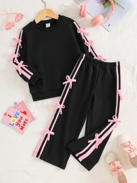 SHEIN Girls Casual Ribbon Bow Sweatshirt and Pants Set