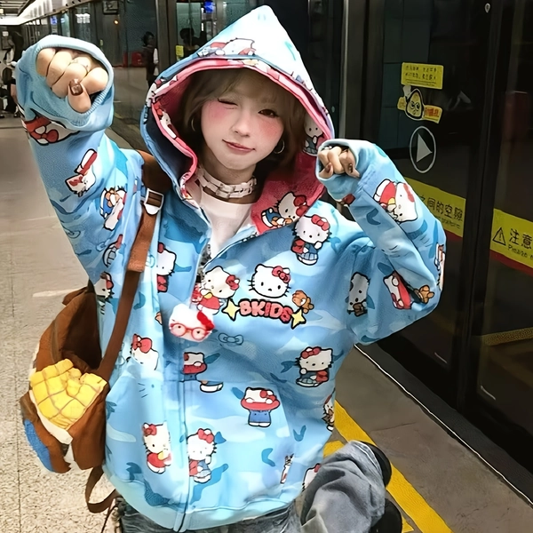 Hellokitty All-Over Print Hooded Jacket, Cartoon Loose-Fit Cool Cute Zip-Up Coat
