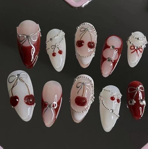 Handmade Cherry Bow Press On Nails: Custom Gel Faux Acrylic Nails