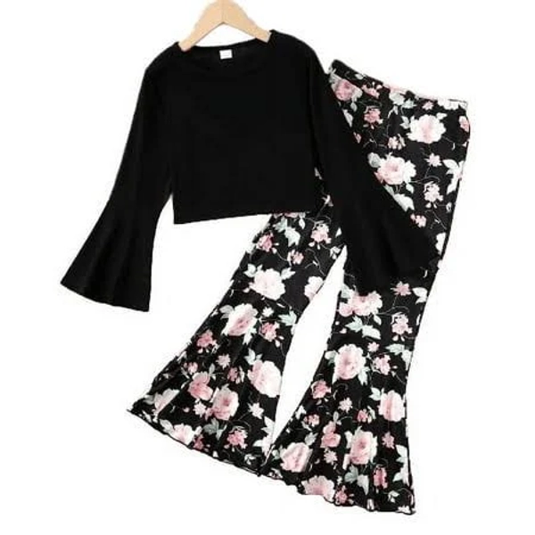 Mikrdoo Kids Girls Floral Print Long Pagoda Sleeve Top and Bell-Bottomed Pants