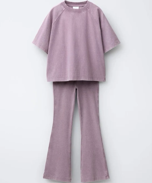 Zara Heavy Weight T-Shirt And Washed Effect Rib Flare Leggings Set Kids