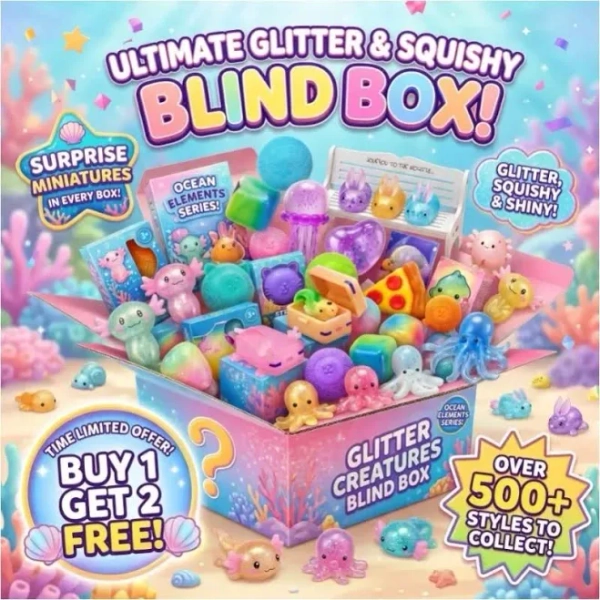 Mystery Ocean Creature Squishy Box, Ultra Soft Glitter Sea Animal Squeeze Toys, Cute