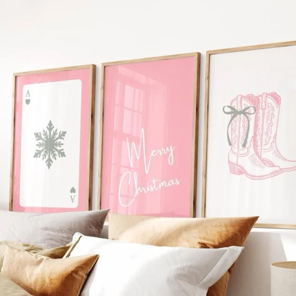 Pastel Christmas Wall Art Set of 3 Girly Xmas Poster Trendy Holiday Decor Pink Christmas Print Cute Christmas Aesthetic Room Decor Unframed