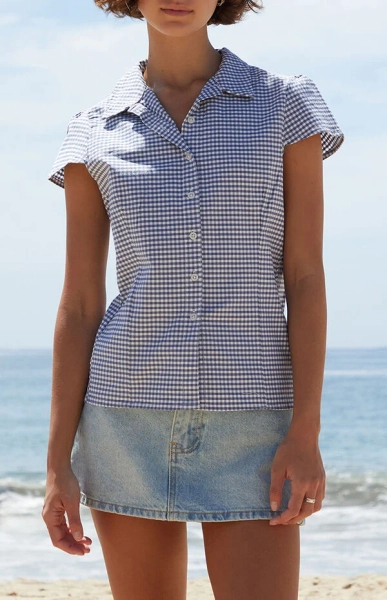 Blue Plaid Rue Collared Top