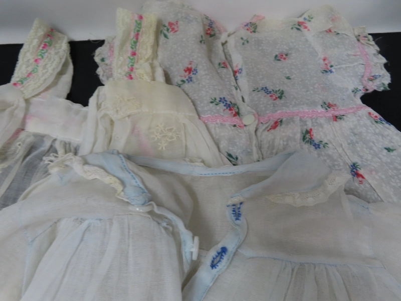 Lot 3 Small BABY or DOLL Clothes Lot 1980s Apron 2 Frilly dresses