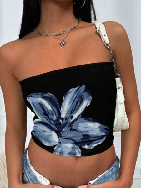 INAWLY Women Casual Minimalist Floral Print, Vacation Cropped Tight Cami Top, Suitable For Summer,Tube Top