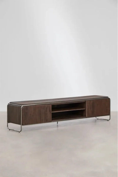 Meuble TV 200x40 cm en bois d'acacia foncé et acier inoxydable Altrex