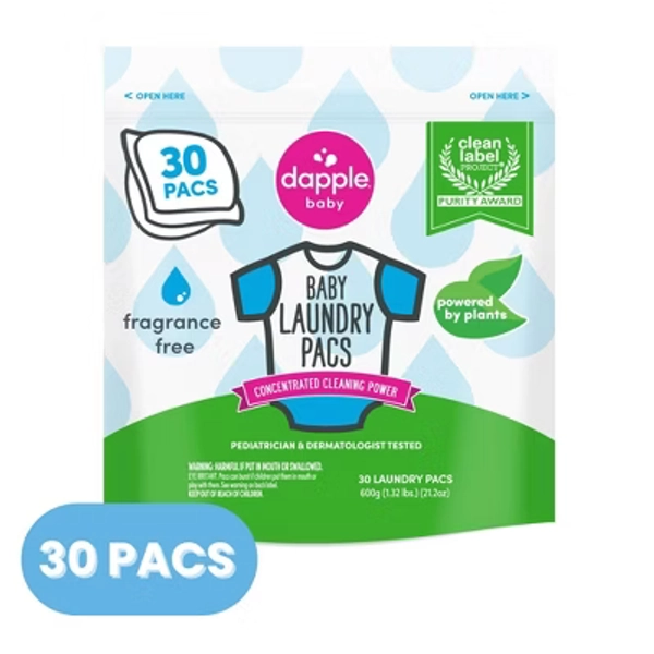 Dapple Baby Laundry Detergent Pacs Fragrance Free For Sensitive Skin - 30ct: Hypoallergenic, Dye-Free, Sulfate-Free