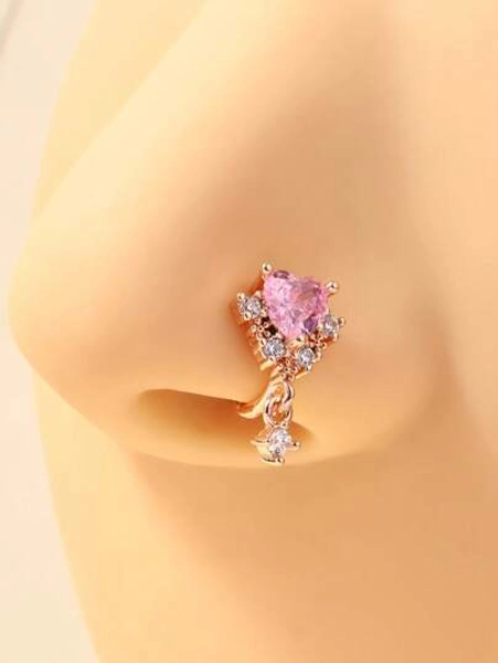 1pc Fashion Non-Piercing Heart-Shaped Pendant Nose Clip, Women's Nose Jewelry With Rhinestone Decor Valentines